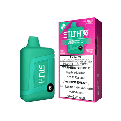 STLTH 8K Pro disposable vape with watermelon, lime, and ice flavor, featuring vibrant fruit design on the device.