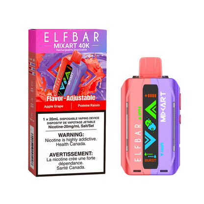 ELFBAR MixArt 40K disposable vape with apple and grape flavor, featuring a sleek design and colorful branding.