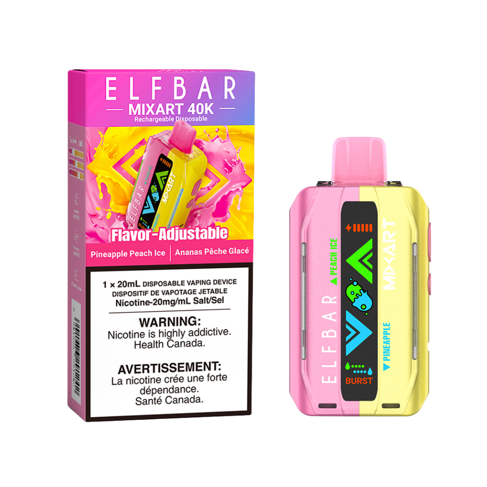ELFBAR MixArt 40K disposable vape with pineapple and peach flavor and icy menthol finish, featuring colorful packaging.