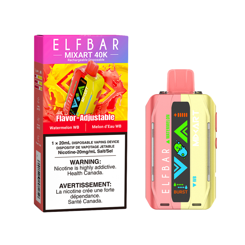 ELFBAR MixArt 40K disposable vape with watermelon flavor, showing the colorful packaging and sleek design.