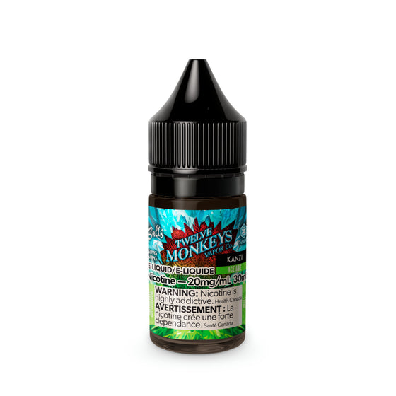 Twelve Monkeys Ice Age Salt Nic E-Juice 30ml bottle with icy blue label, ideal for vaping, 20mg nicotine strength.